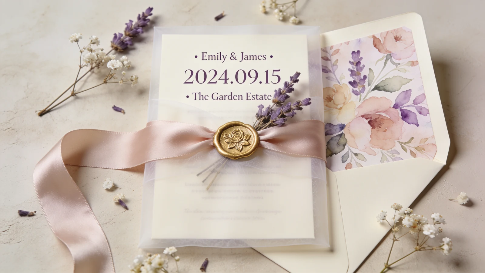 Styled aesthetic wedding invitation flat-lay with vellum, ribbon, and pressed flowers