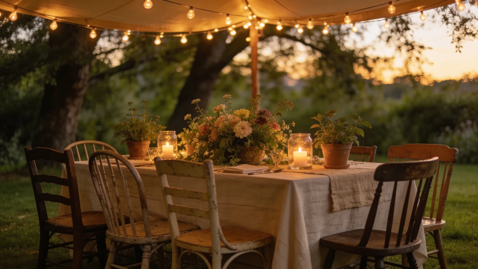 Backyard wedding reception under warm string lights at dusk
