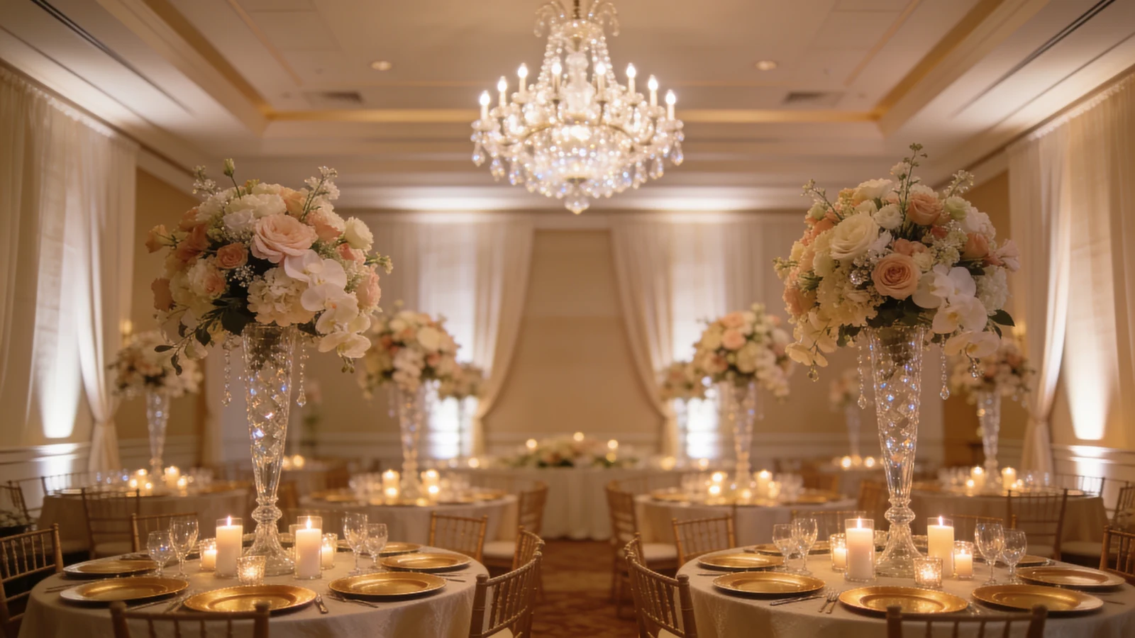 Ballroom wedding reception with tall centerpieces, chandeliers, drapery, and candlelight