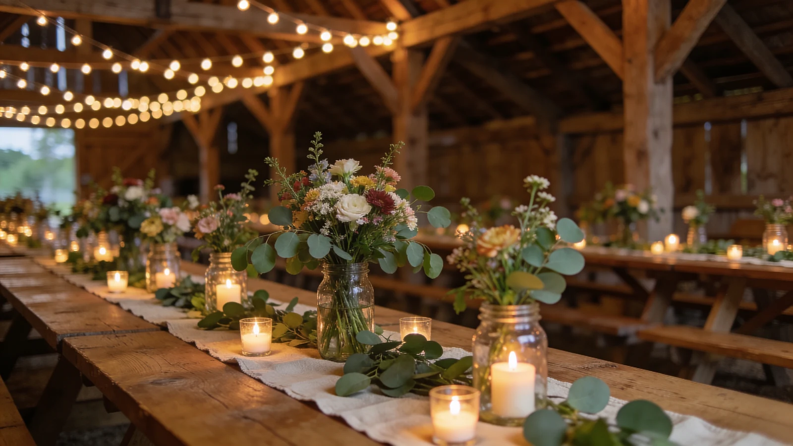 Barn wedding reception with string lights on the beams, farm tables, and wildflower centerpieces