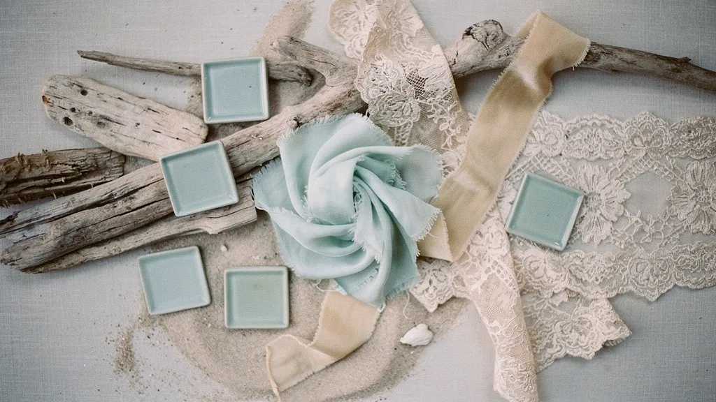 Driftwood texture, lace, silk ribbon, and ceramic tiles in ocean-inspired colors, providing a cohesive material palette.