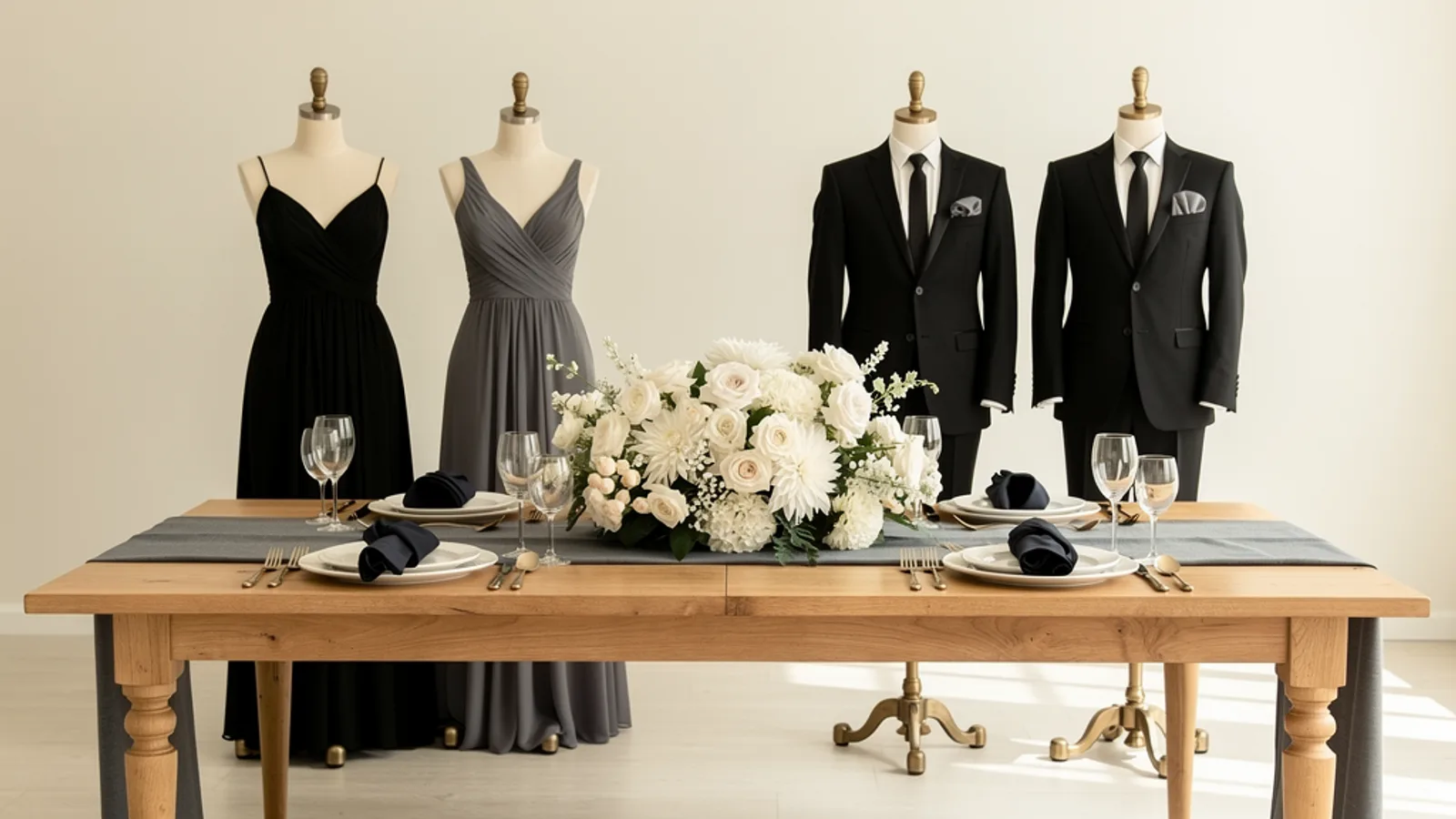 Black Tie Black & White wedding color palette shown on bridesmaid dresses, groomsmen suits, florals, and a styled table