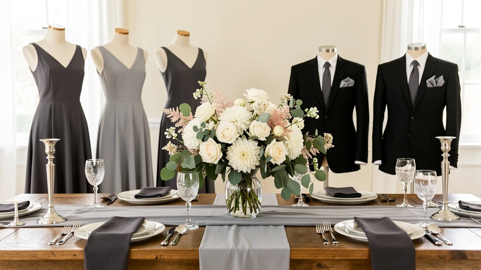 Charcoal & Dove Grey wedding color palette shown on bridesmaid dresses, groomsmen suits, florals, and a styled table