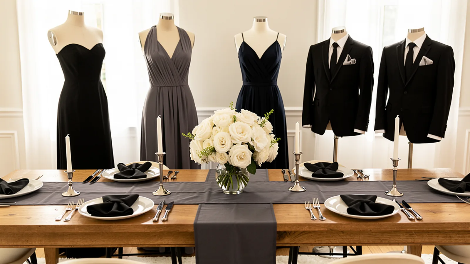 Classic Black Tie wedding color palette shown on bridesmaid dresses, groomsmen suits, florals, and a styled table
