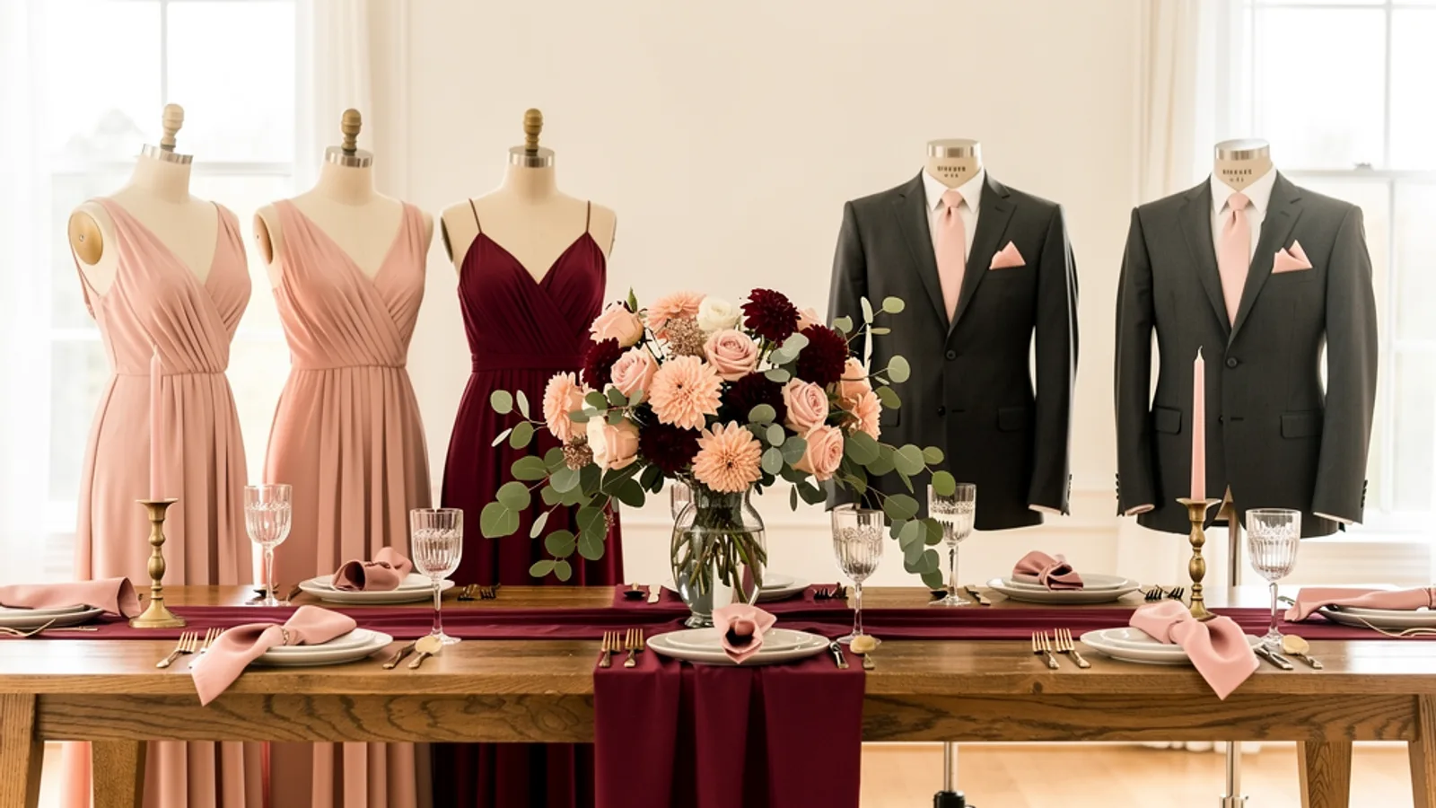 Blush & Burgundy wedding color palette shown on bridesmaid dresses, groomsmen suits, florals, and a styled table