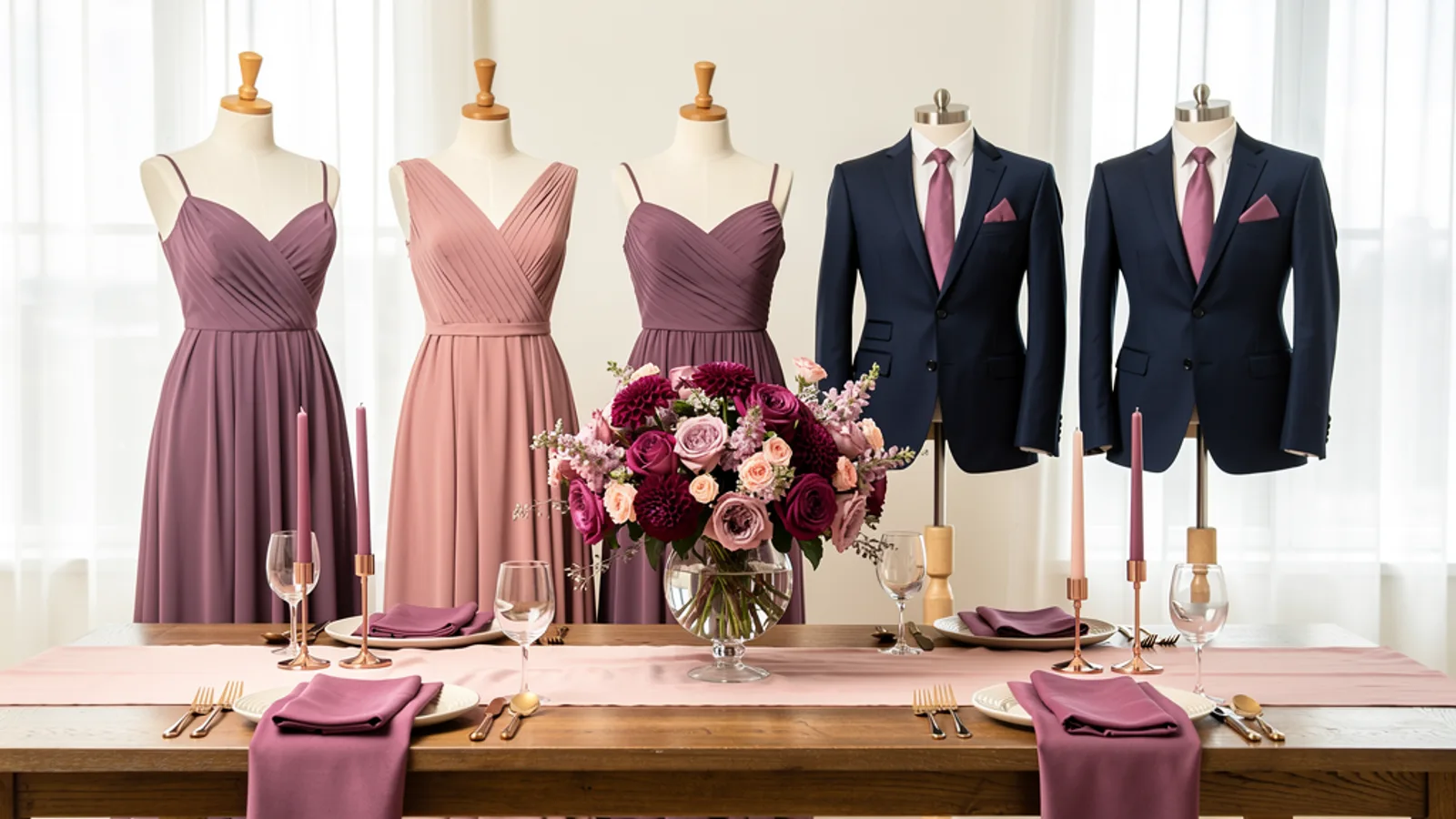 Mauve & Rose Gold wedding color palette shown on bridesmaid dresses, groomsmen suits, florals, and a styled table