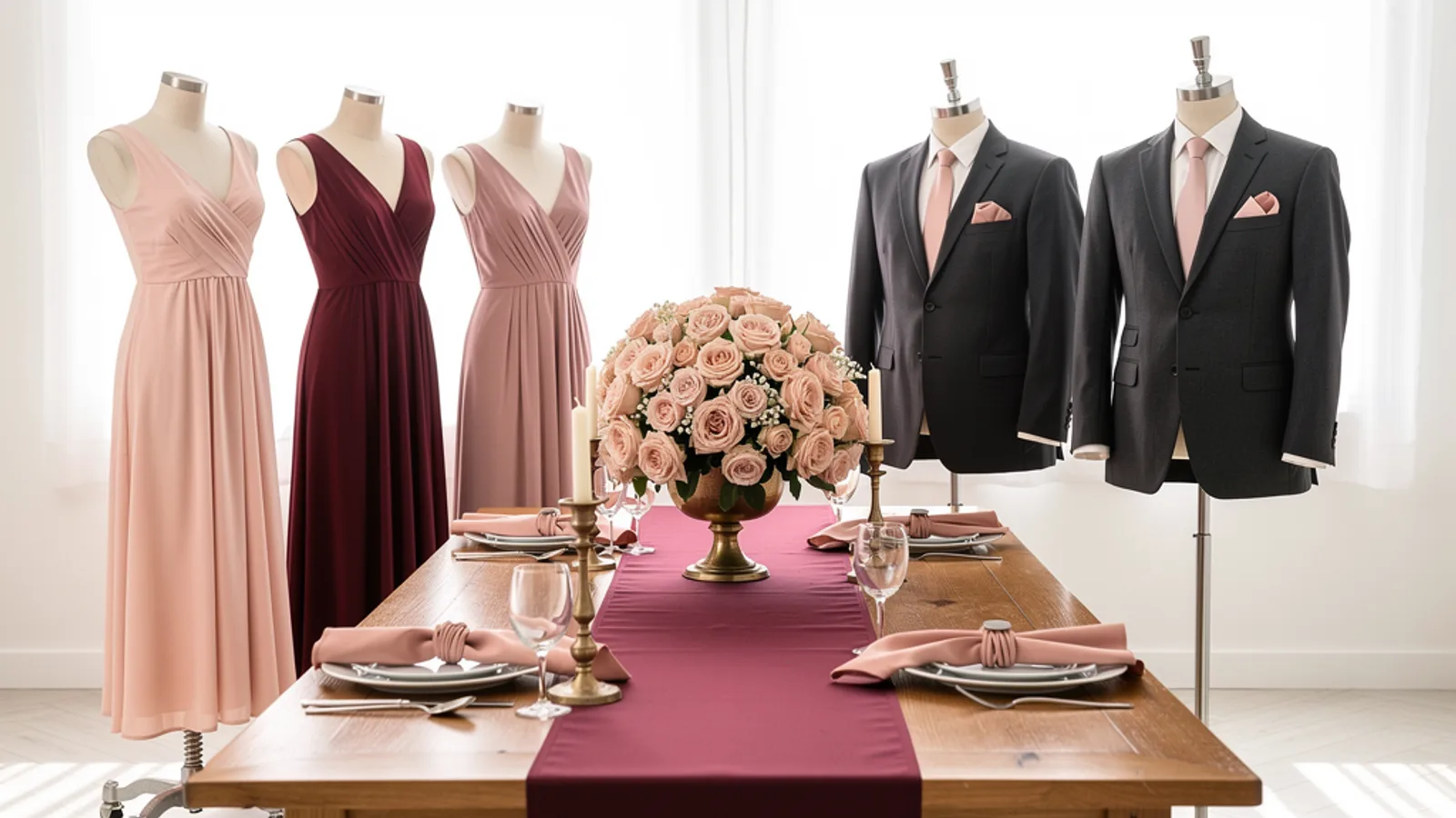 Blush & Burgundy wedding color palette shown on bridesmaid dresses, groomsmen suits, florals, and a styled table