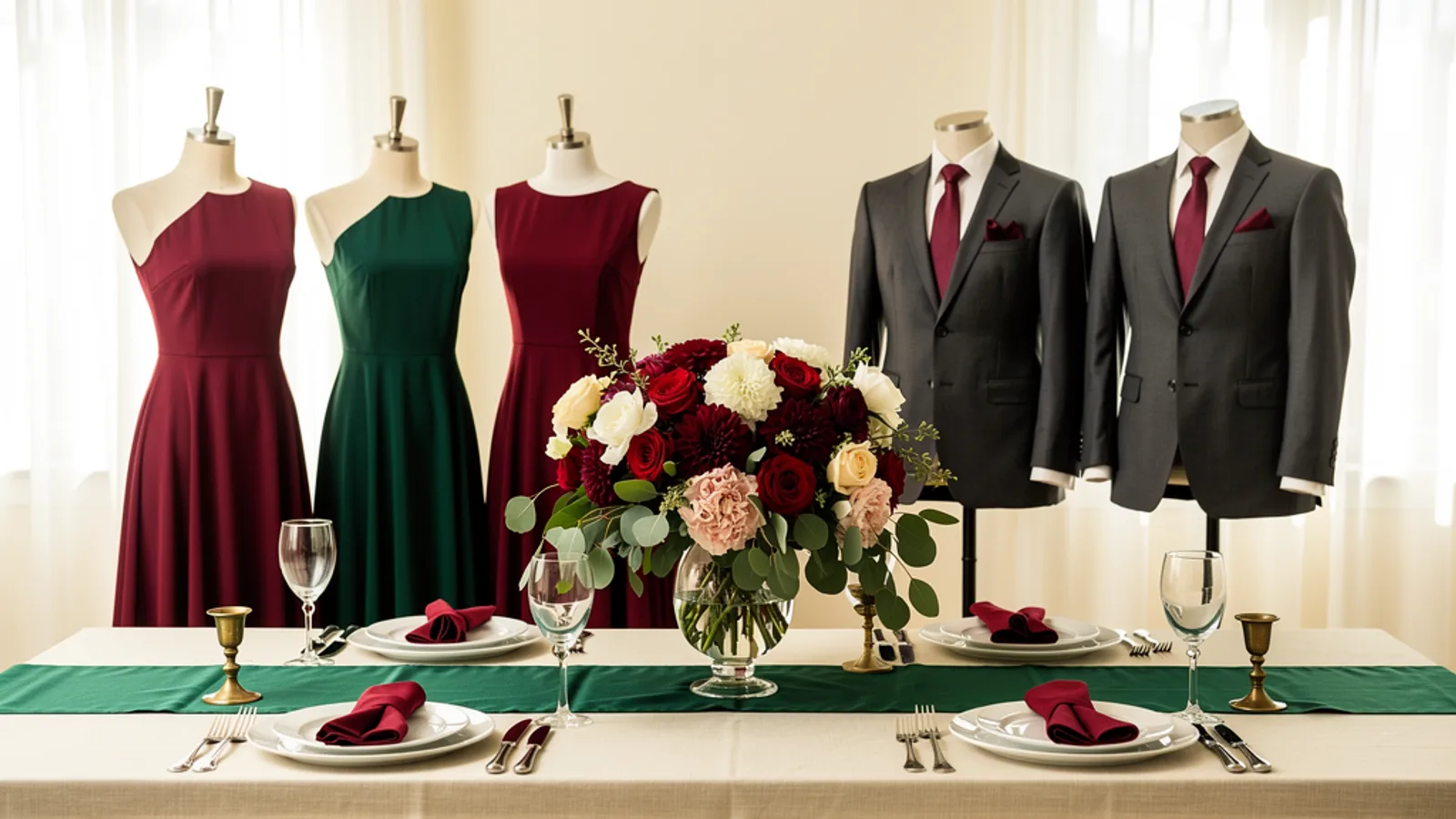 Burgundy & Emerald wedding color palette shown on bridesmaid dresses, groomsmen suits, florals, and a styled table