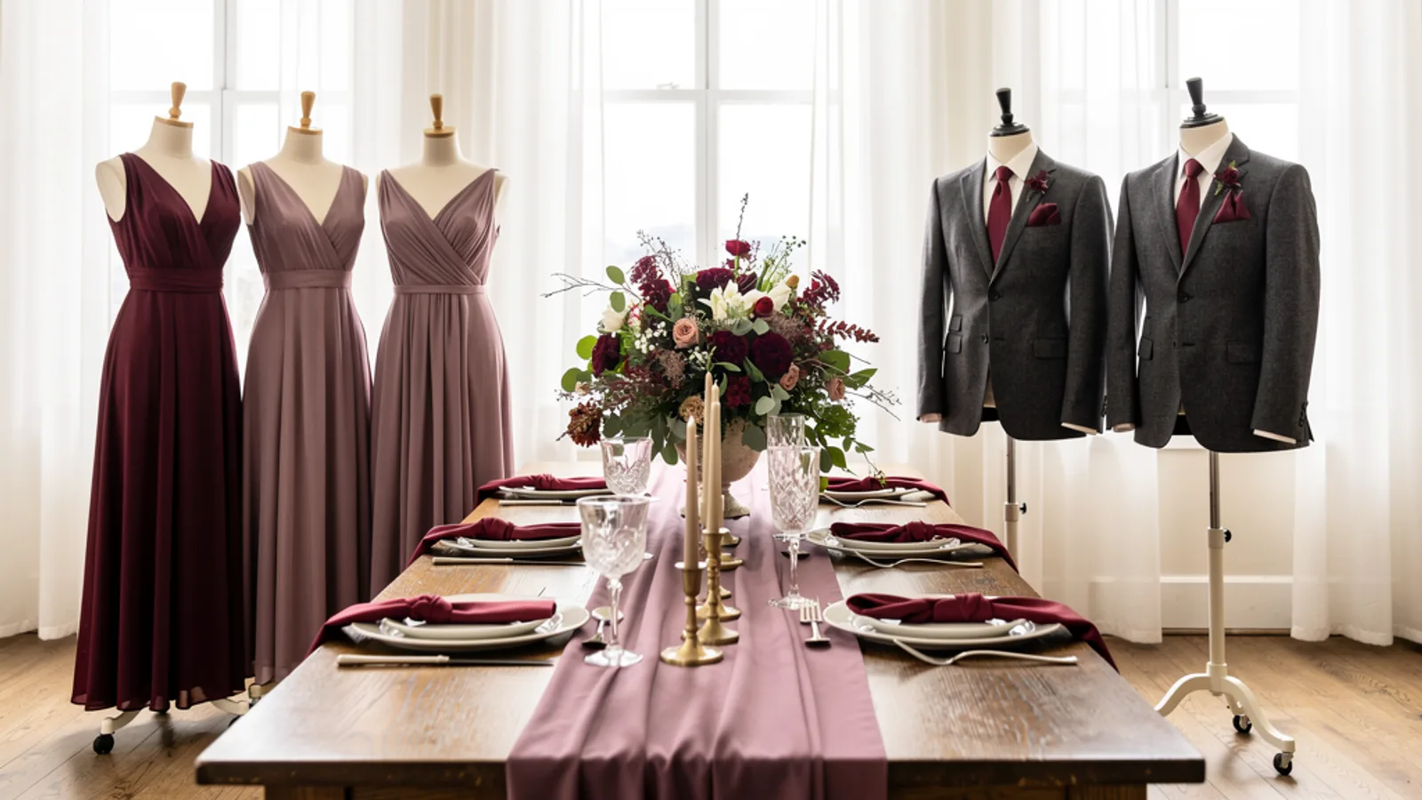 Oxblood & Mauve wedding color palette shown on bridesmaid dresses, groomsmen suits, florals, and a styled table
