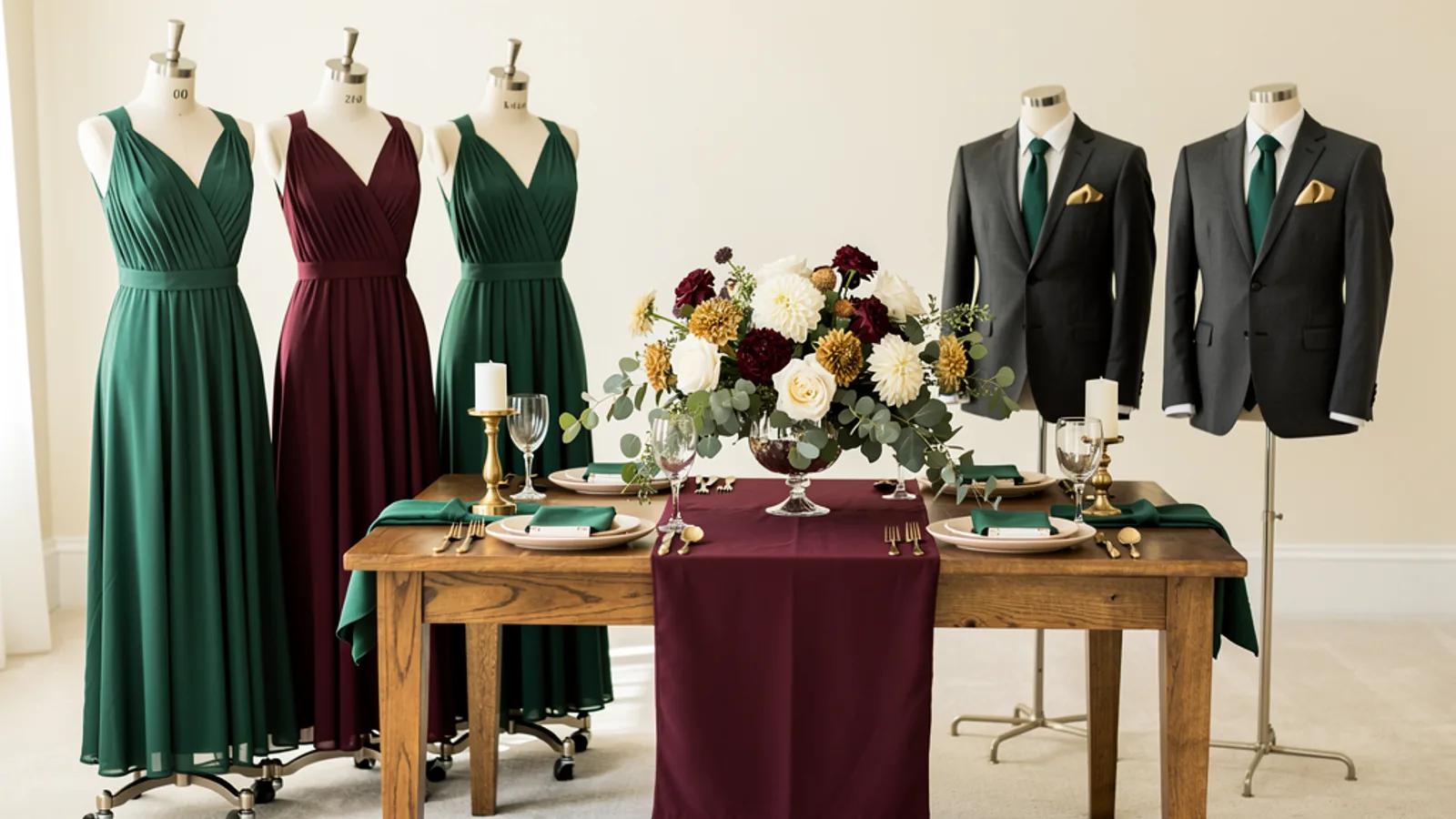 Vineyard Sage wedding color palette shown on bridesmaid dresses, groomsmen suits, florals, and a styled table