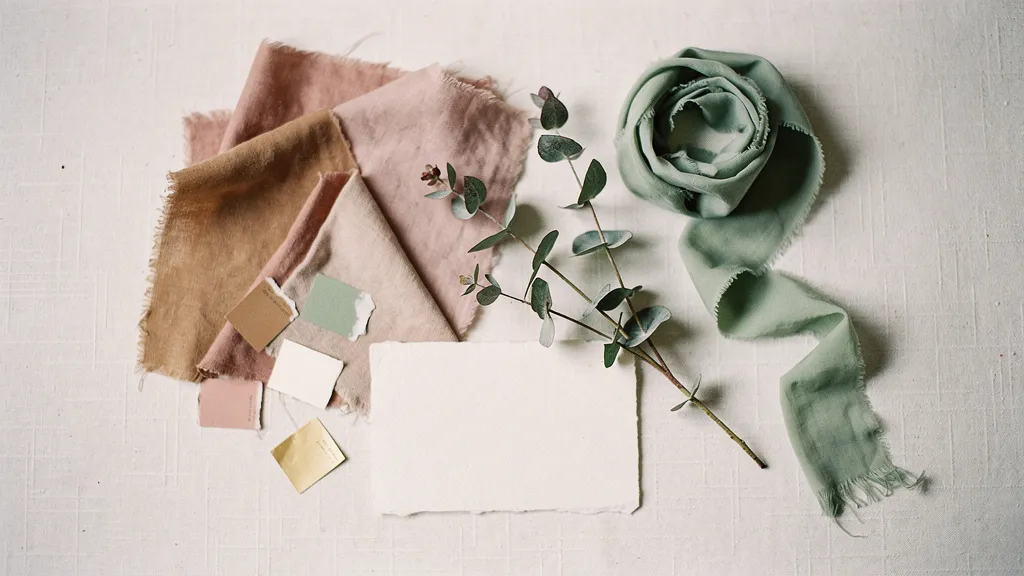 A wedding mood board with taupe and rose fabric swatches, eucalyptus, paint chips, a sage ribbon, and a blank card on a wooden surface.