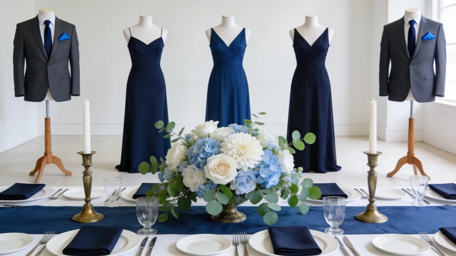 Classic Navy & Ivory wedding color palette shown on bridesmaid dresses, groomsmen suits, florals, and a styled table