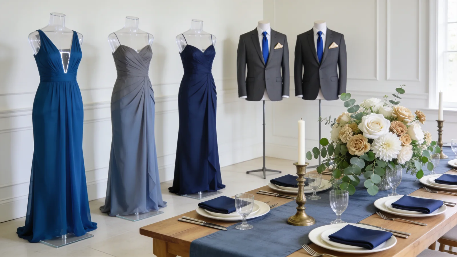 Cobalt & Champagne wedding color palette shown on bridesmaid dresses, groomsmen suits, florals, and a styled table