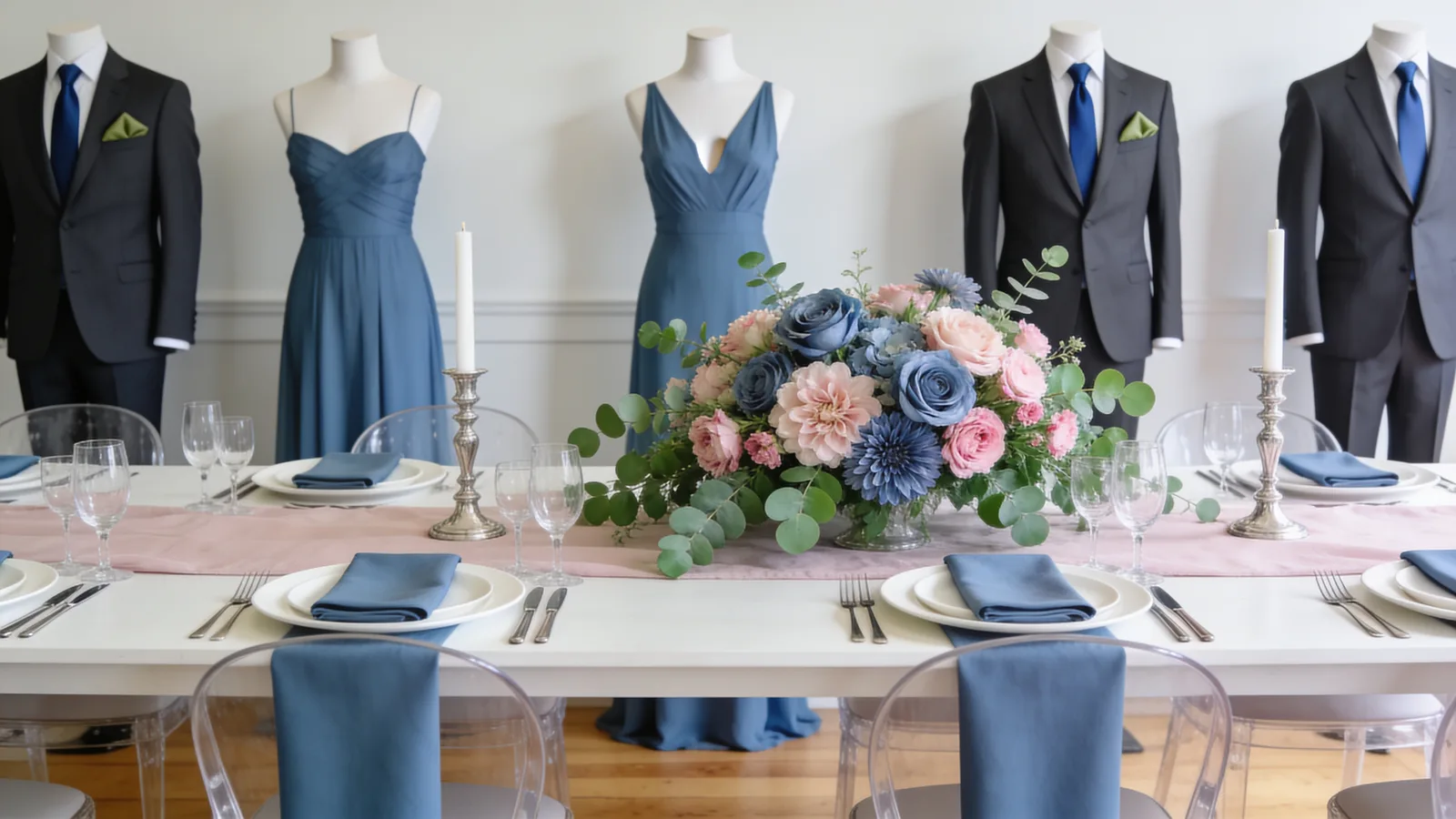 Dusty Blue & Blush wedding color palette shown on bridesmaid dresses, groomsmen suits, florals, and a styled table