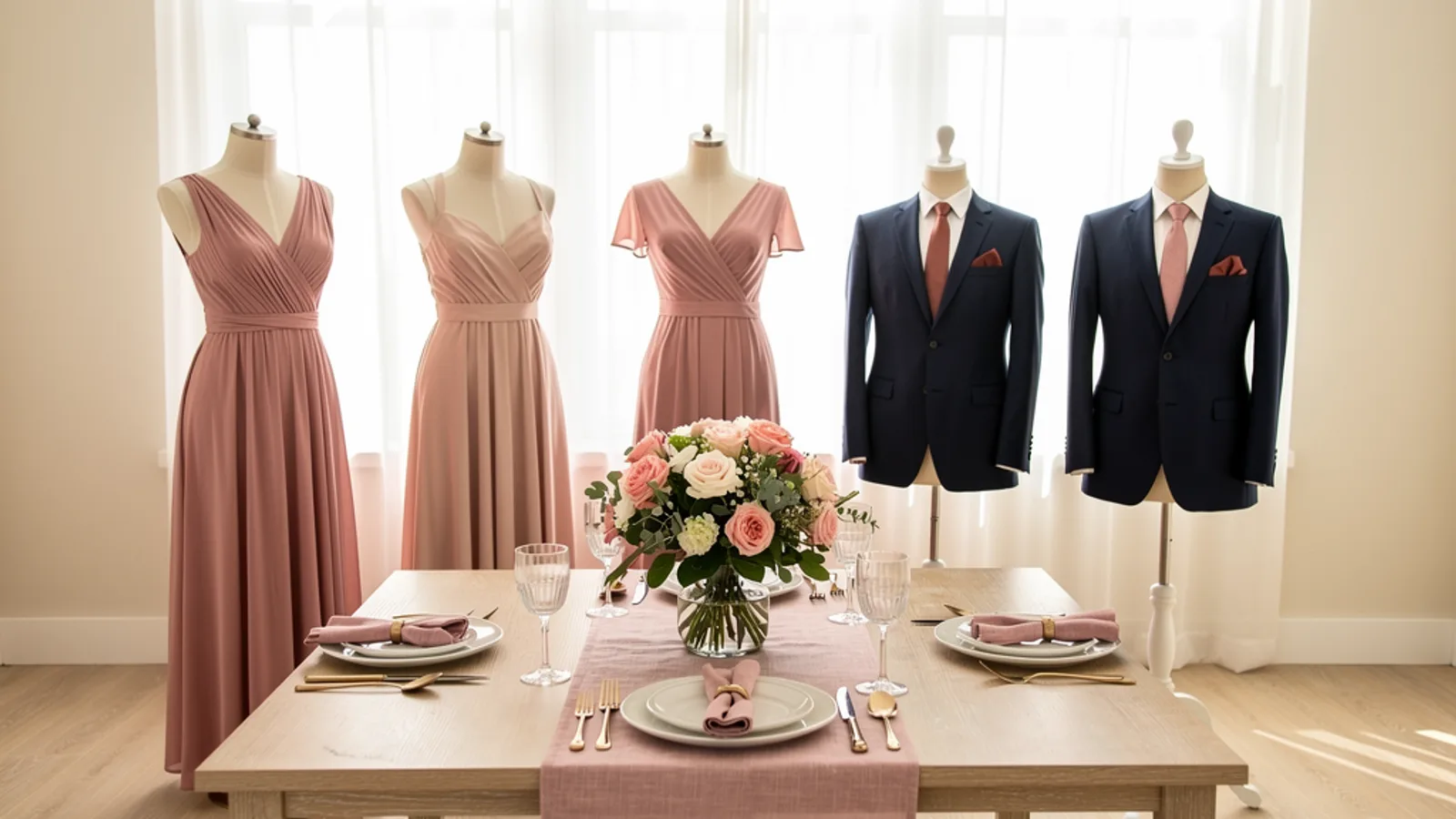 Antique Rose & Gold wedding color palette shown on bridesmaid dresses, groomsmen suits, florals, and a styled table
