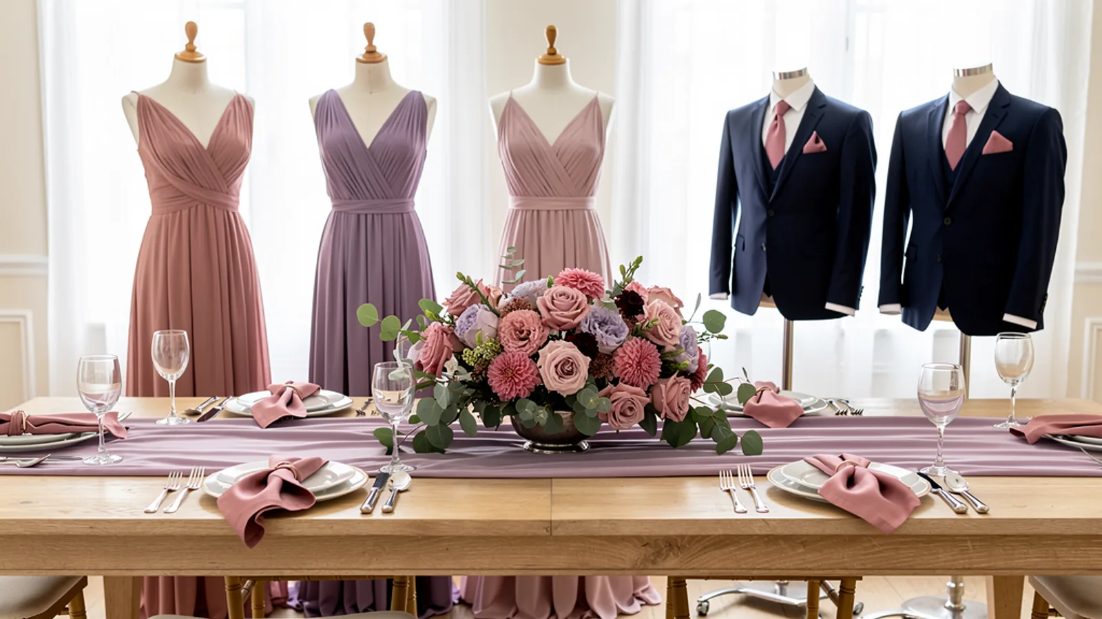 Dusty Rose & Lilac wedding color palette shown on bridesmaid dresses, groomsmen suits, florals, and a styled table