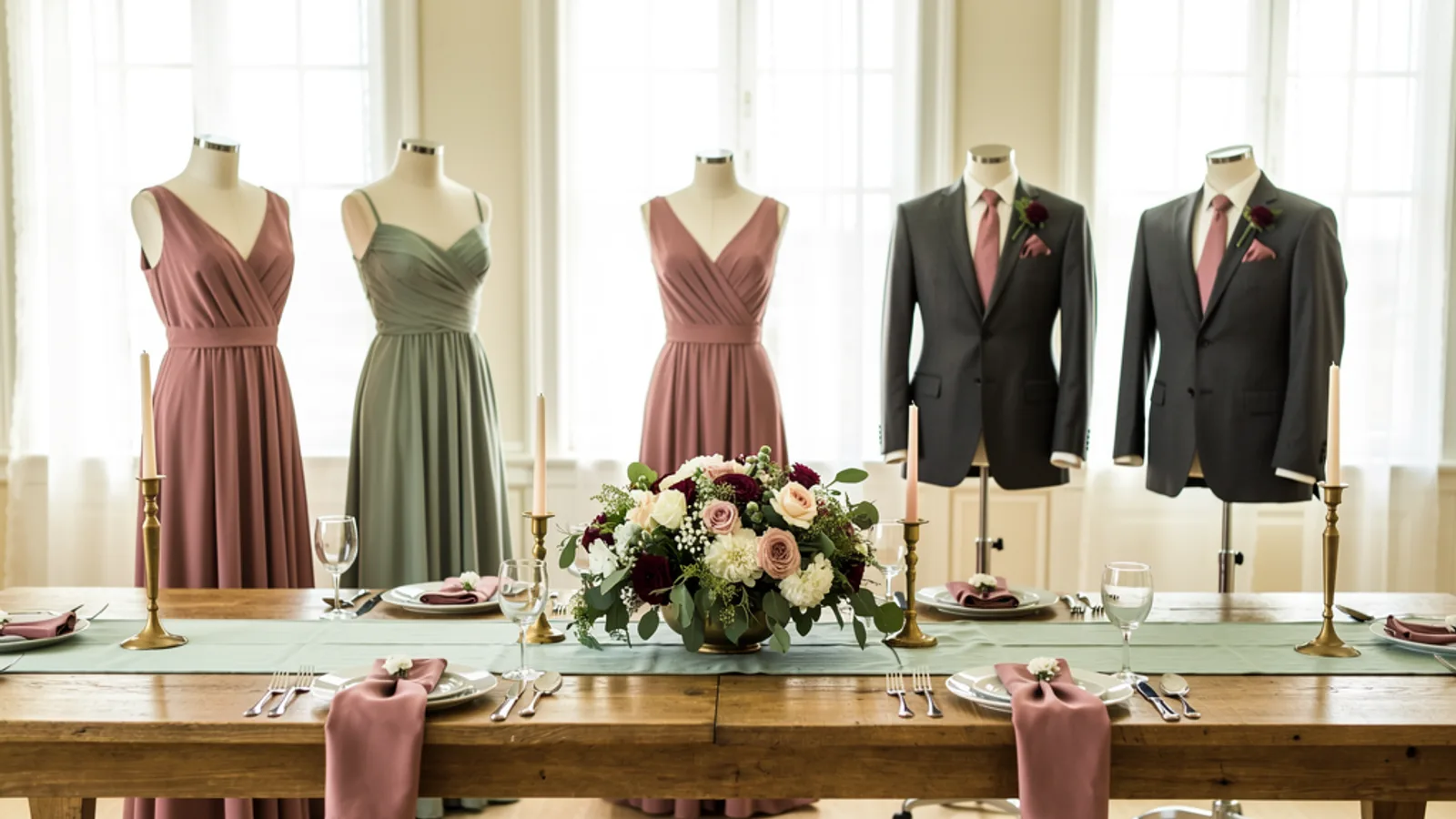 Dusty Rose & Sage Whisper wedding color palette shown on bridesmaid dresses, groomsmen suits, florals, and a styled table