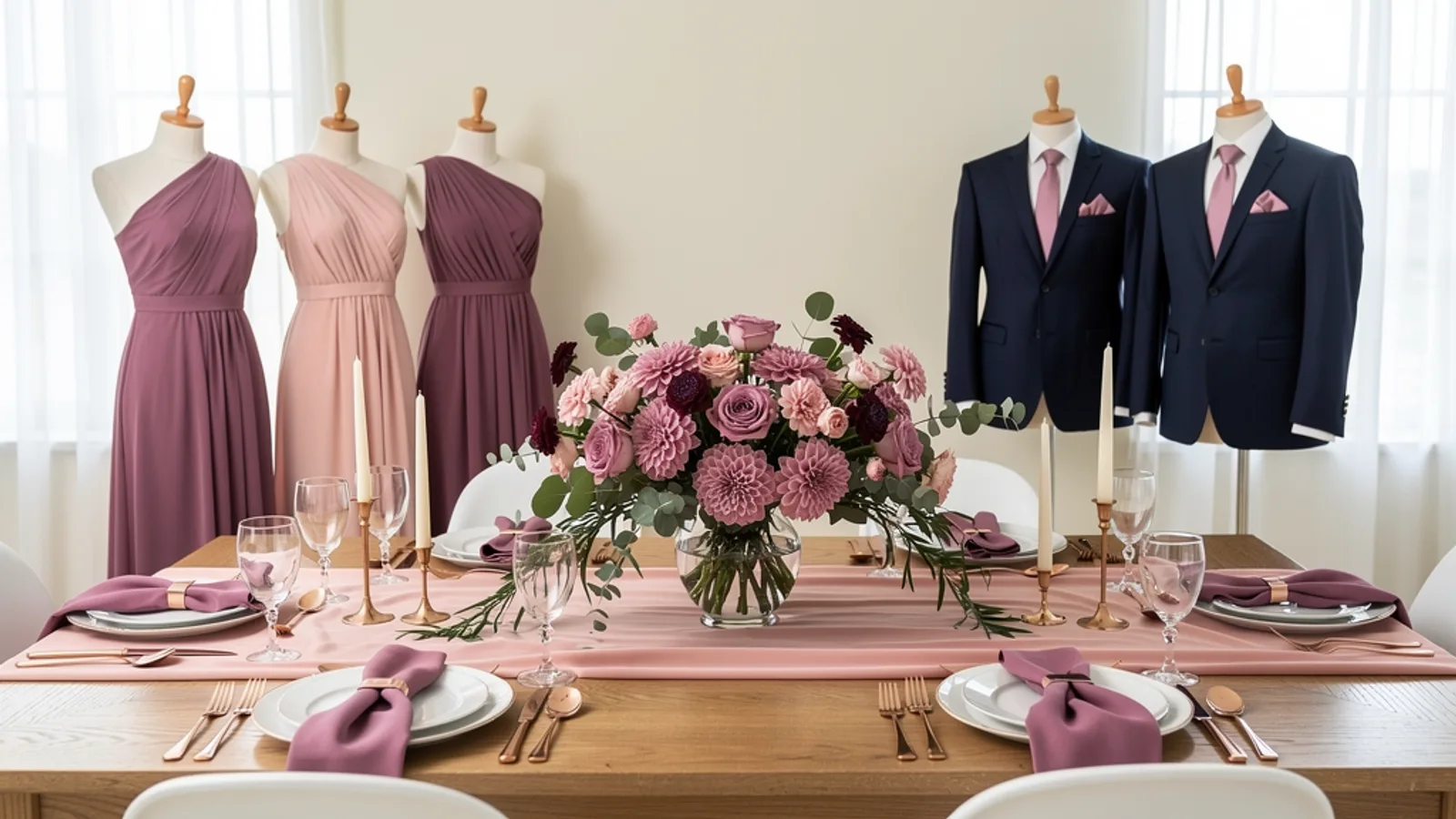 Mauve & Rose Gold wedding color palette shown on bridesmaid dresses, groomsmen suits, florals, and a styled table