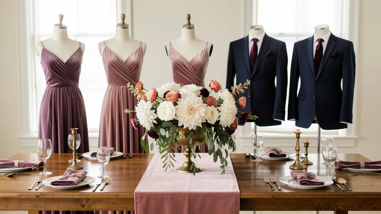 Old Hollywood Mauve wedding color palette shown on bridesmaid dresses, groomsmen suits, florals, and a styled table