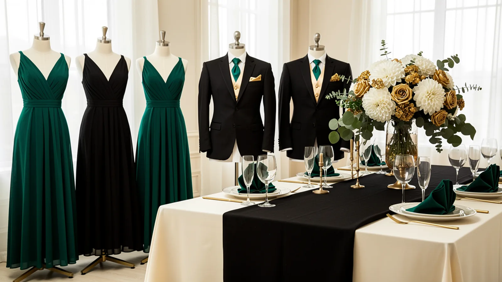 Black, White, Gold & Emerald wedding color palette shown on bridesmaid dresses, groomsmen suits, florals, and a styled table