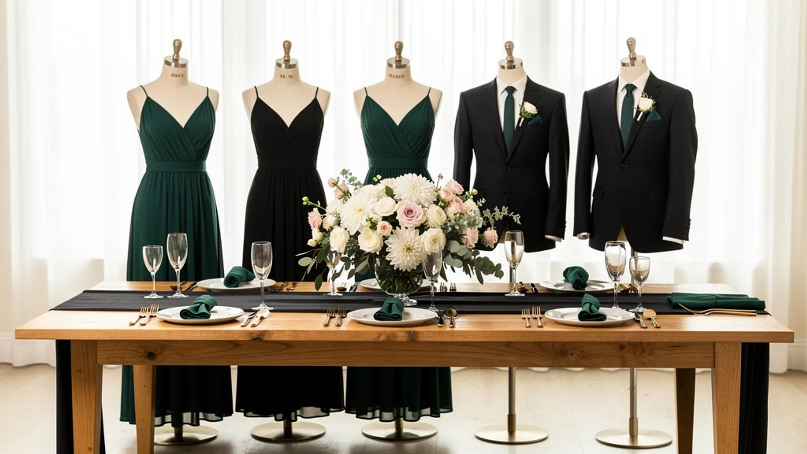 Emerald, Black & Gold wedding color palette shown on bridesmaid dresses, groomsmen suits, florals, and a styled table