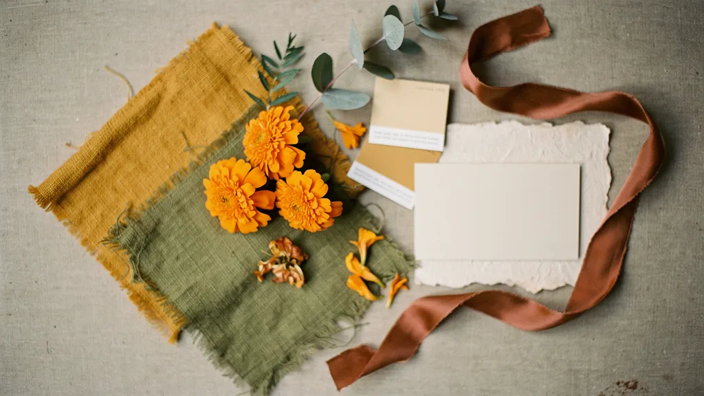 A wedding mood board with fabric swatches, marigold and eucalyptus stems, paint chips, a silk ribbon, a blank card, and textured paper, arranged in an inviting