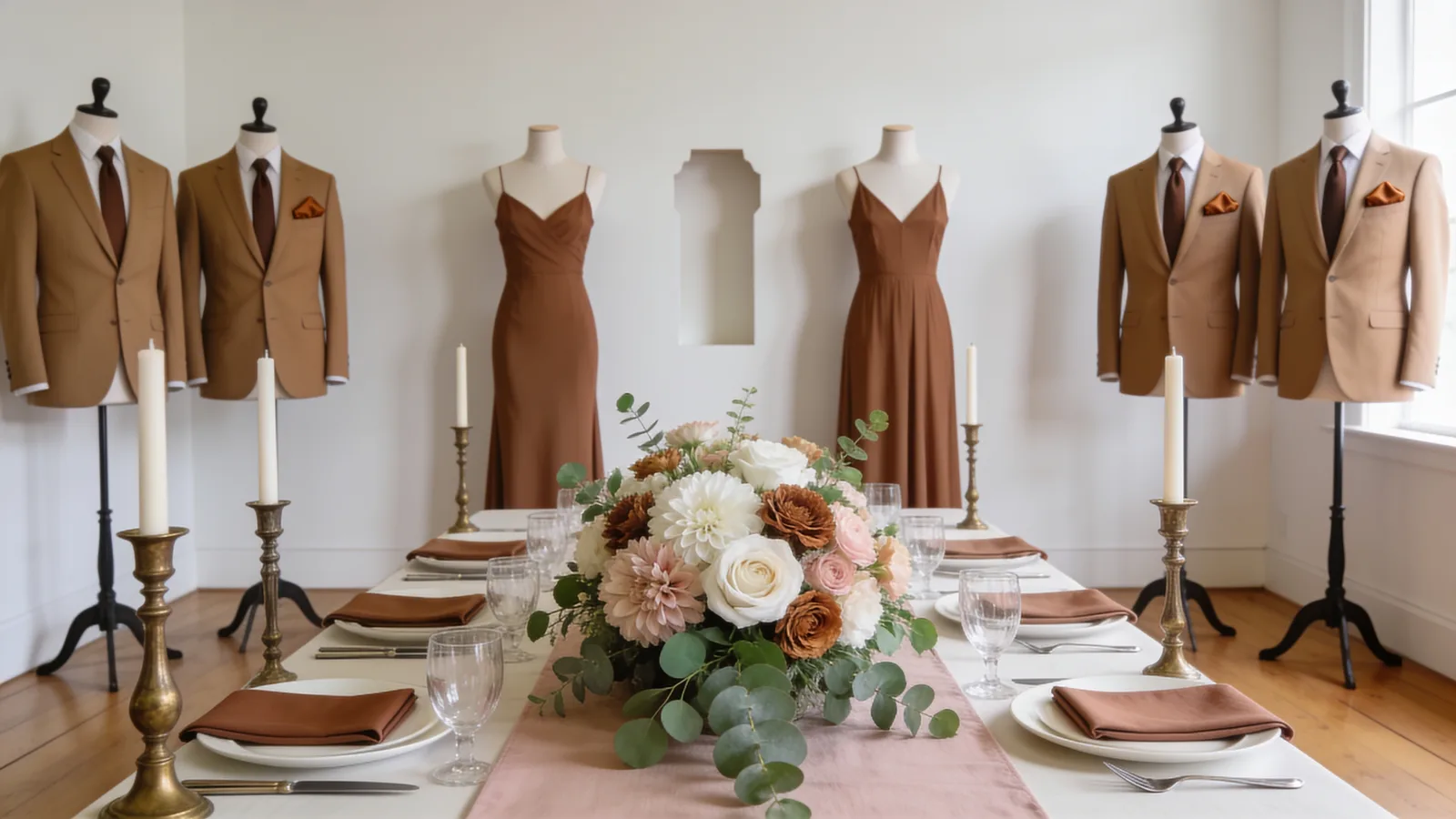 Cocoa & Blush wedding color palette shown on bridesmaid dresses, groomsmen suits, florals, and a styled table