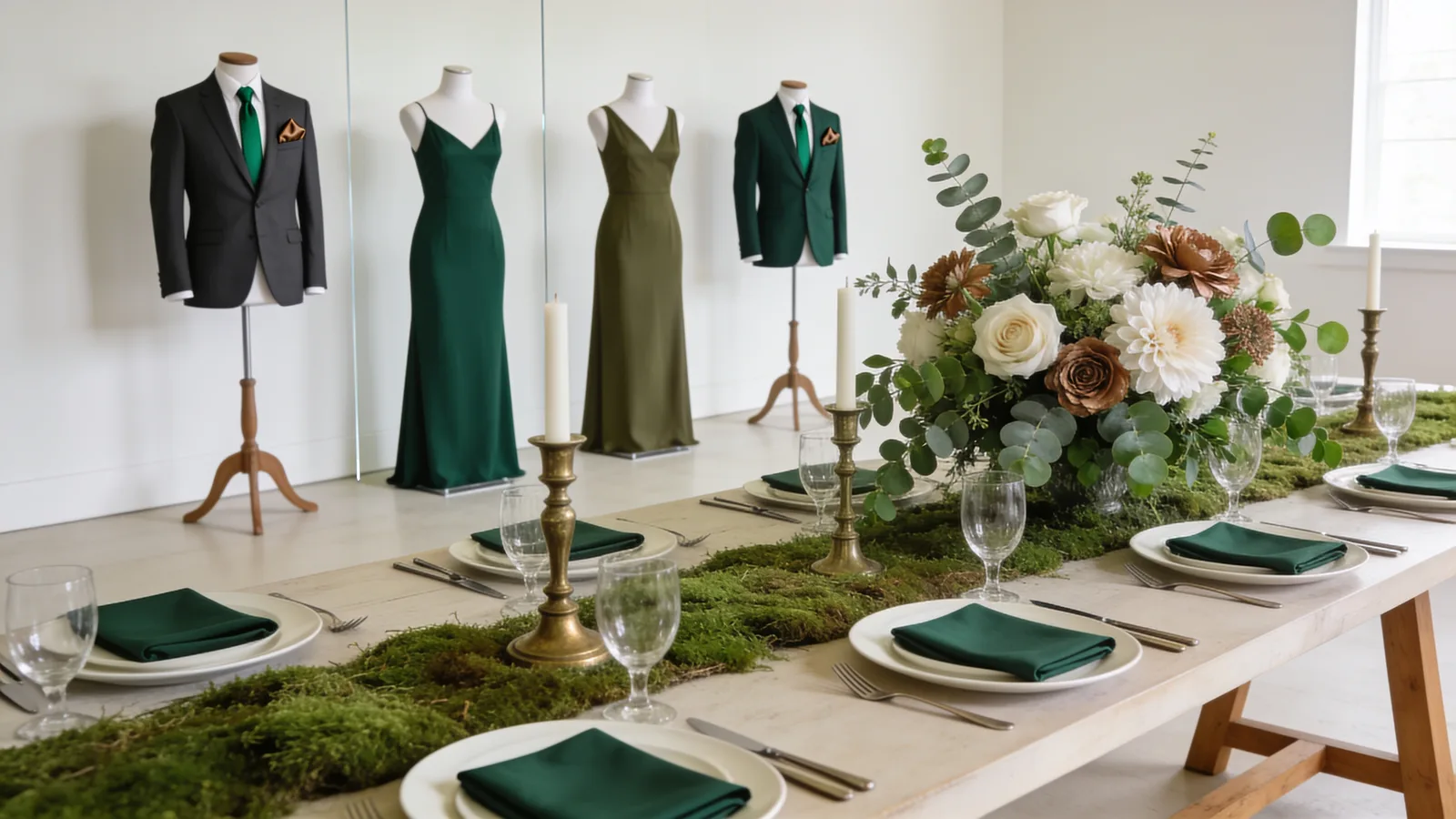 Forest & Cream wedding color palette shown on bridesmaid dresses, groomsmen suits, florals, and a styled table