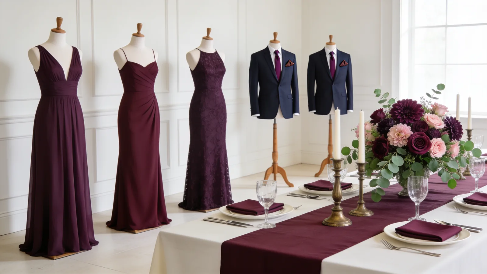 Plum Twilight wedding color palette shown on bridesmaid dresses, groomsmen suits, florals, and a styled table