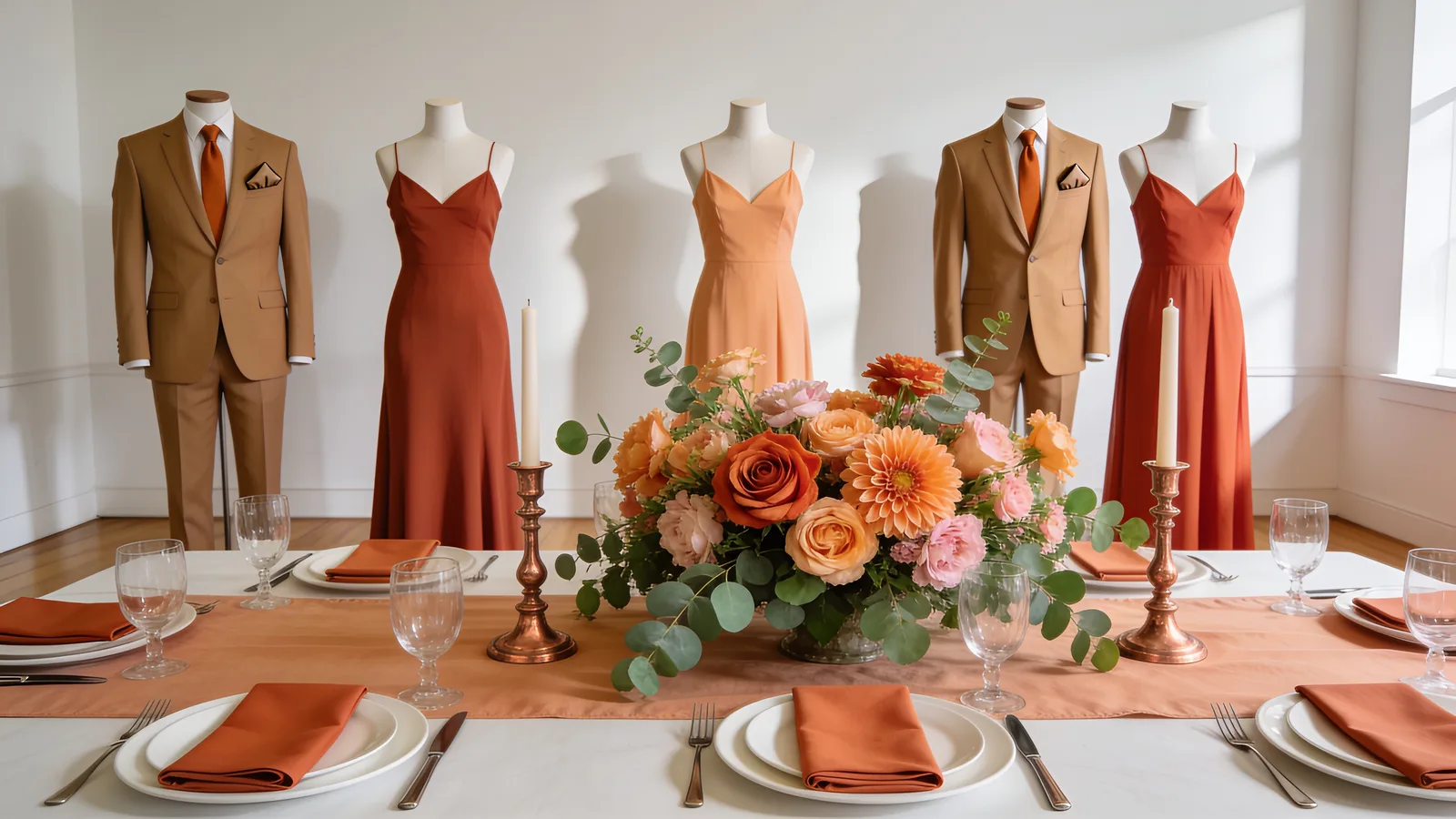 Terracotta Dusk wedding color palette shown on bridesmaid dresses, groomsmen suits, florals, and a styled table