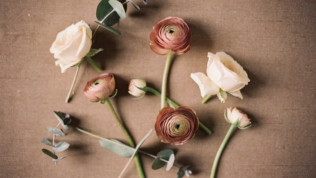 Dusty rose ranunculus and ivory roses with eucalyptus leaves spread on a soft terra fabric, showcasing a delicate floral arrangement.