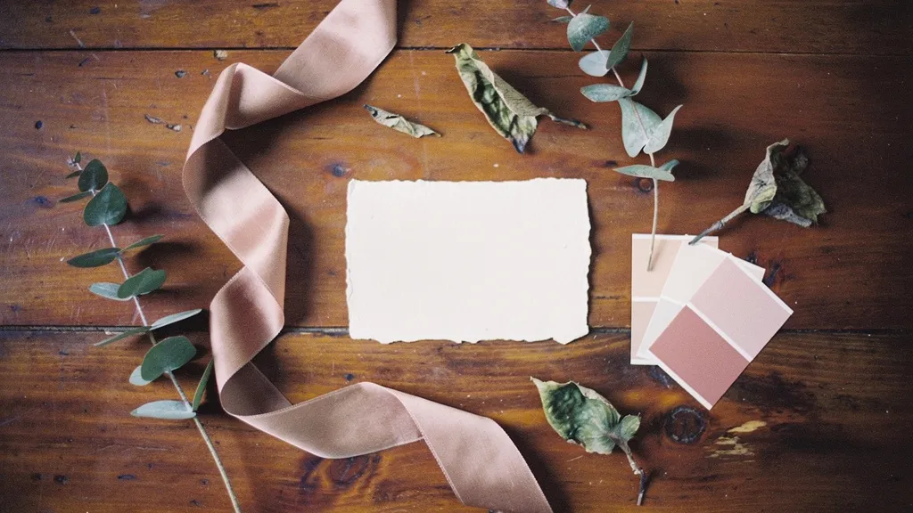 Clay beige ribbon, ivory paper, and green linen with paint chips on wood, highlighting elegant material choices for a wedding theme.