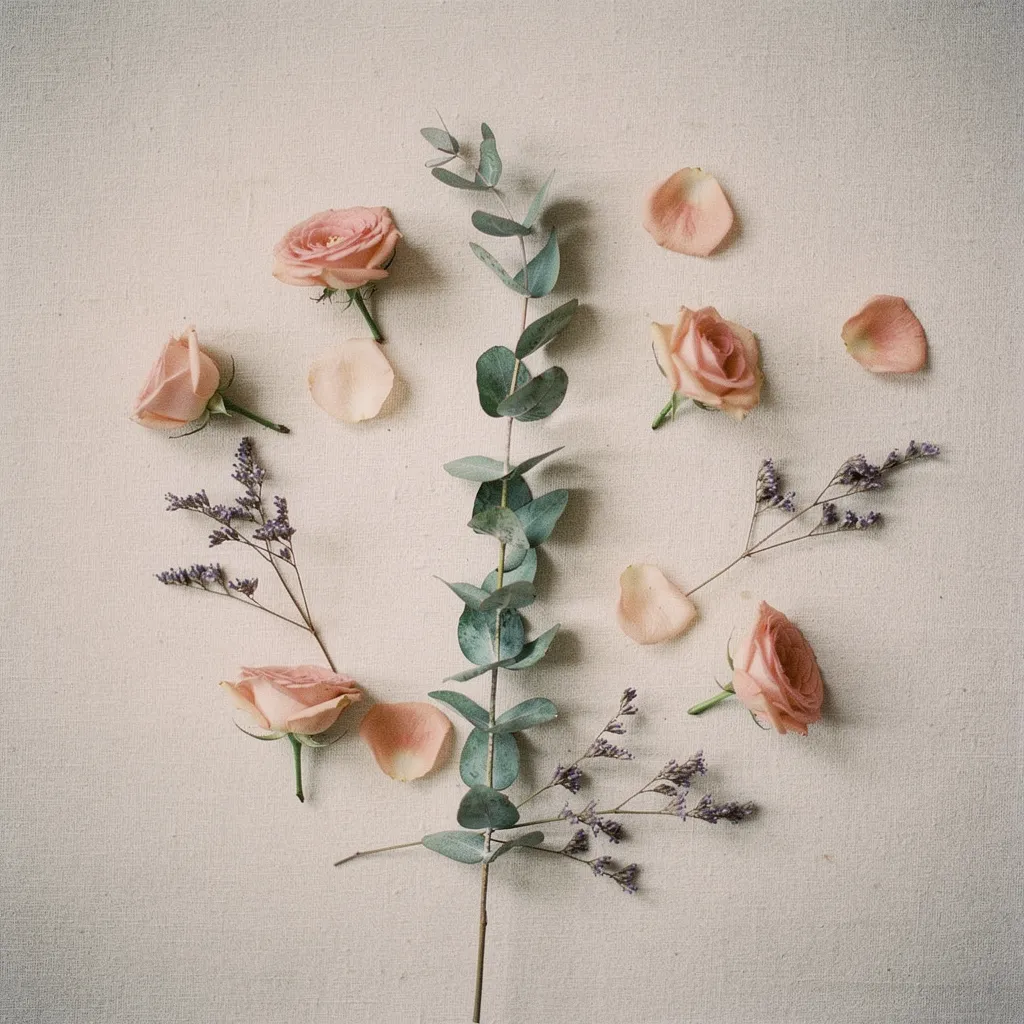 Floral details with Blush Petal roses, eucalyptus, and lavender sprigs on a soft ivory linen surface, creating a serene and elegant composition.
