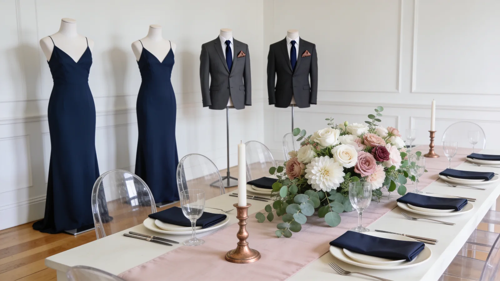 Navy & Blush wedding color palette shown on bridesmaid dresses, groomsmen suits, florals, and a styled table