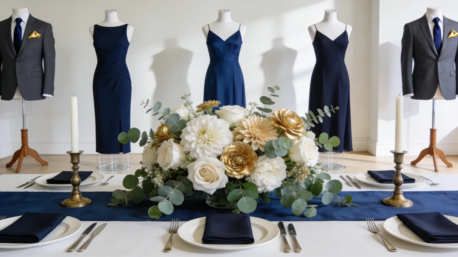 Navy & Gold wedding color palette shown on bridesmaid dresses, groomsmen suits, florals, and a styled table