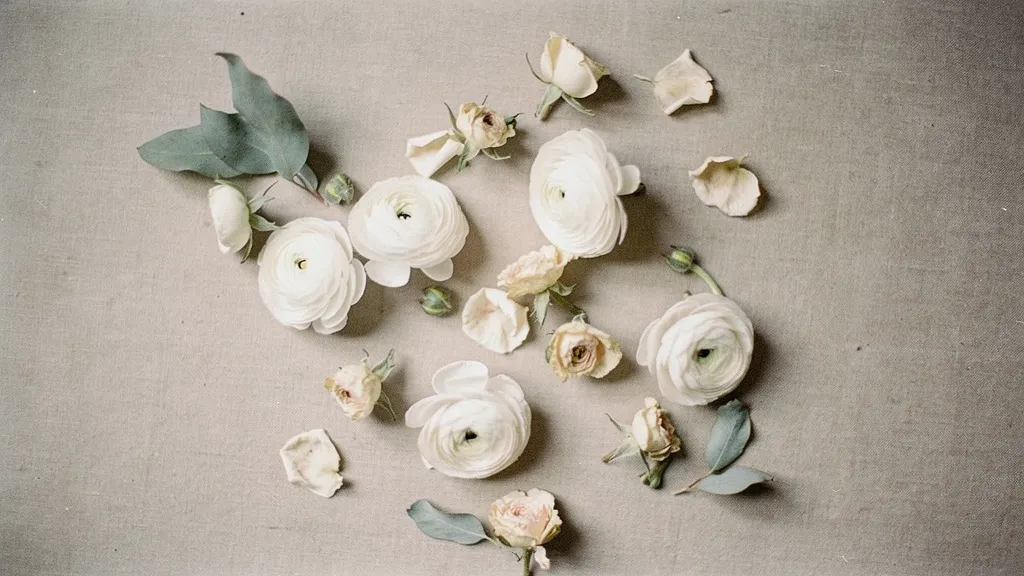 A floral arrangement detail showing white ranunculus, muted sage leaves, and ivory blush roses on a beige linen background.