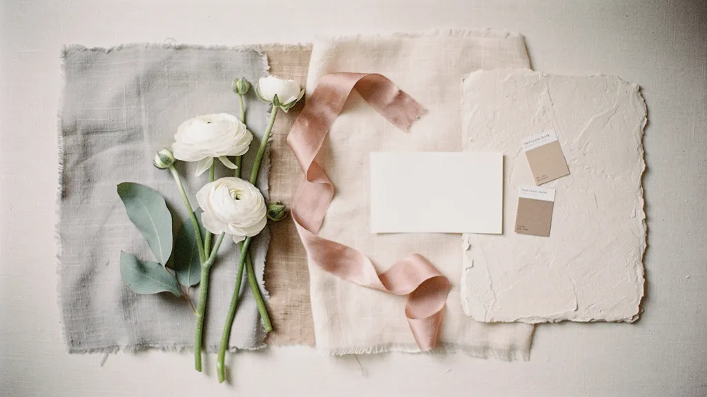 A wedding mood board with gray, beige, and blush fabric swatches, white ranunculus flowers, sage leaves, color chips, a silk ribbon, and a blank card on texture