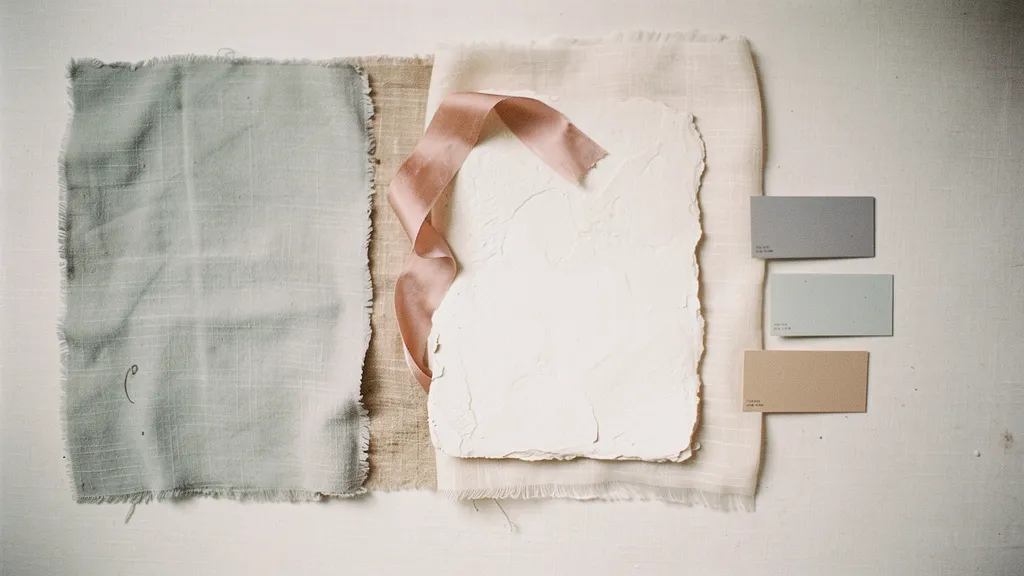 Materials including a soft clay silk ribbon, sage fabric, ivory paper, and gray paint chips on a sandstone surface.