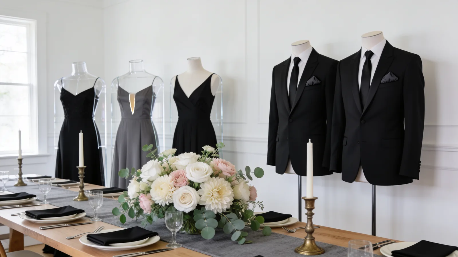 Black Tie Black & White wedding color palette shown on bridesmaid dresses, groomsmen suits, florals, and a styled table