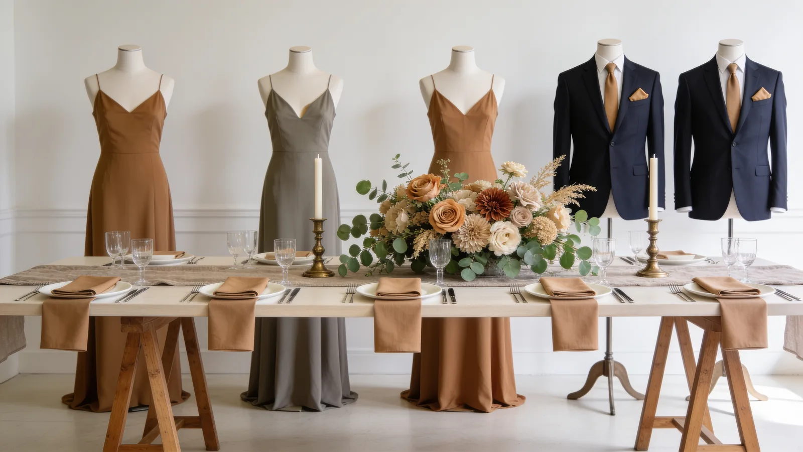 Camel & Ivory wedding color palette shown on bridesmaid dresses, groomsmen suits, florals, and a styled table