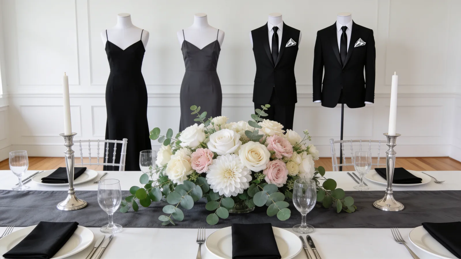 Classic Black Tie wedding color palette shown on bridesmaid dresses, groomsmen suits, florals, and a styled table