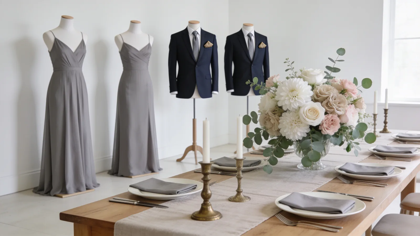 Dove Grey & Ivory wedding color palette shown on bridesmaid dresses, groomsmen suits, florals, and a styled table