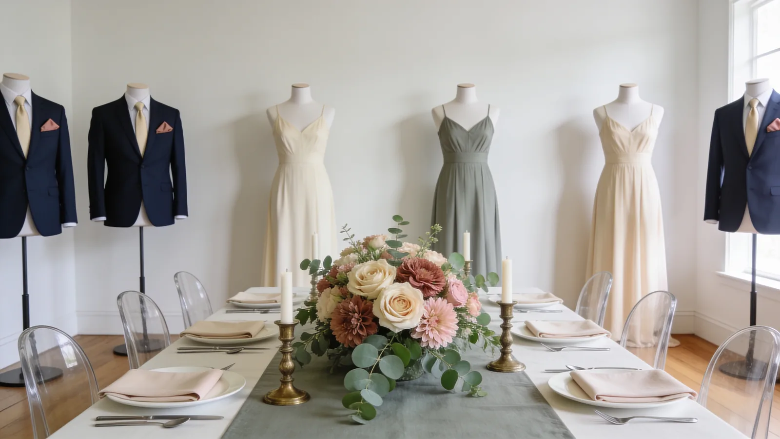 Soft Naturals wedding color palette shown on bridesmaid dresses, groomsmen suits, florals, and a styled table
