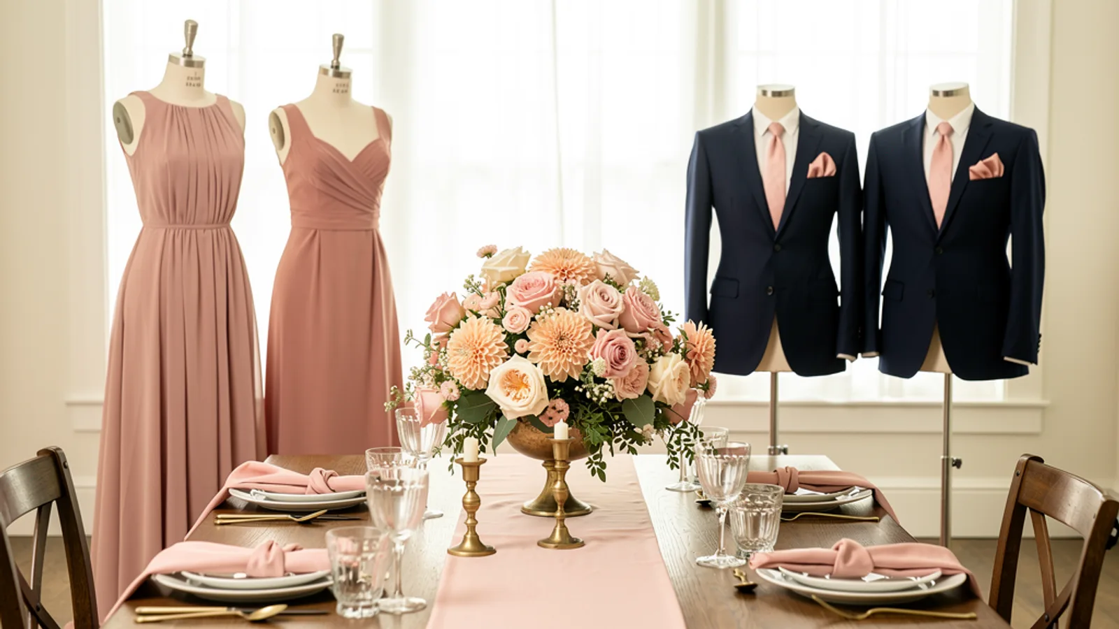 Blush & Champagne Gold wedding color palette shown on bridesmaid dresses, groomsmen suits, florals, and a styled table
