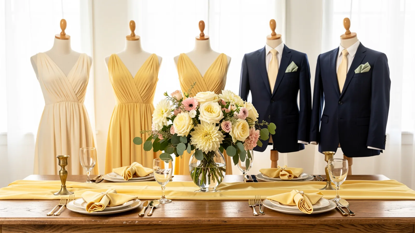 Buttercream wedding color palette shown on bridesmaid dresses, groomsmen suits, florals, and a styled table