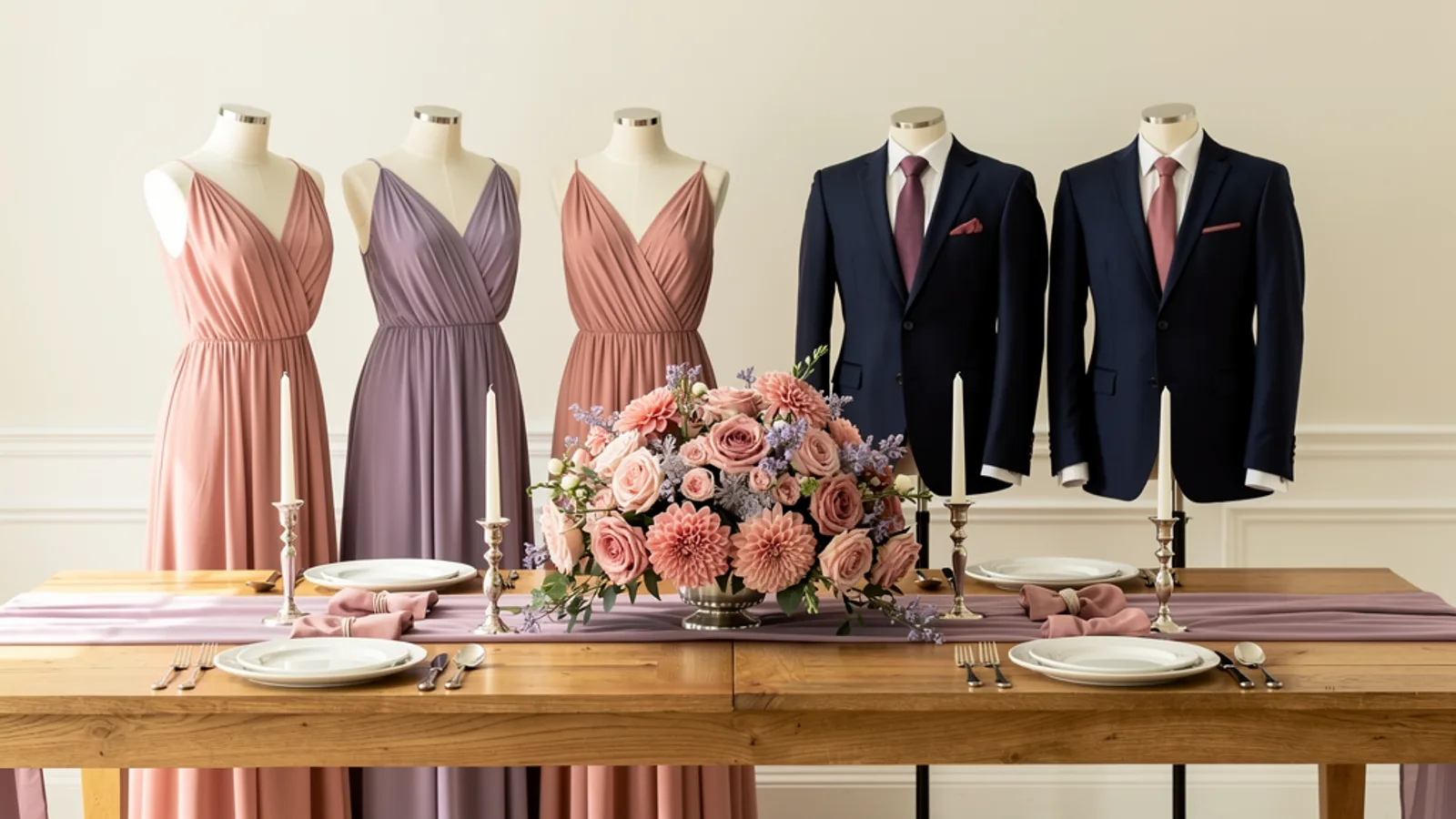 Dusty Rose & Lilac wedding color palette shown on bridesmaid dresses, groomsmen suits, florals, and a styled table