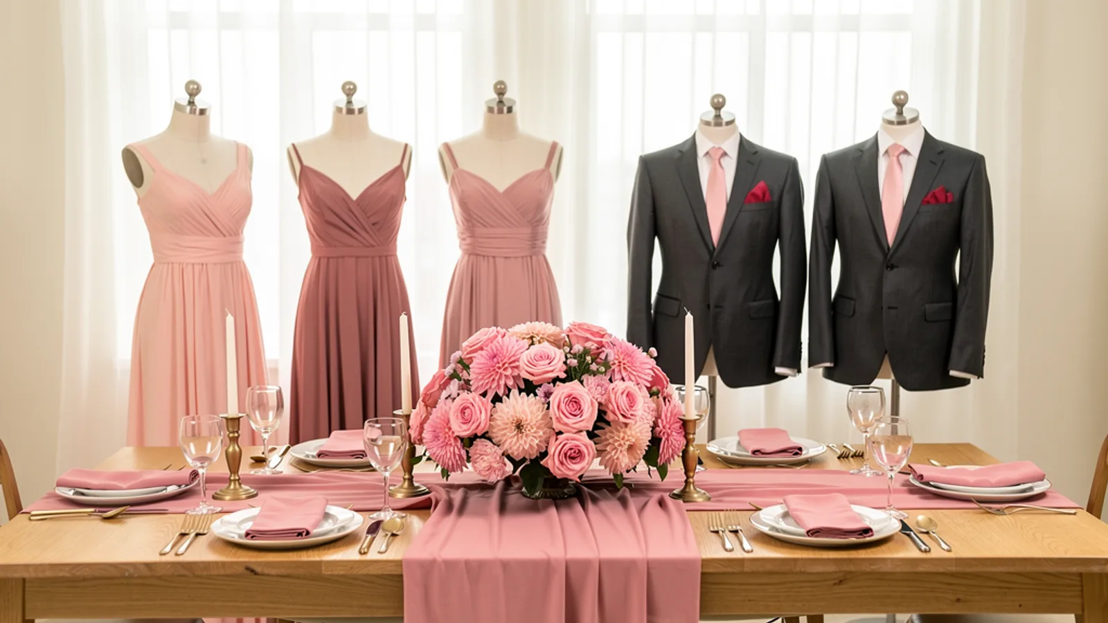 Fairytale Pink & Gold wedding color palette shown on bridesmaid dresses, groomsmen suits, florals, and a styled table