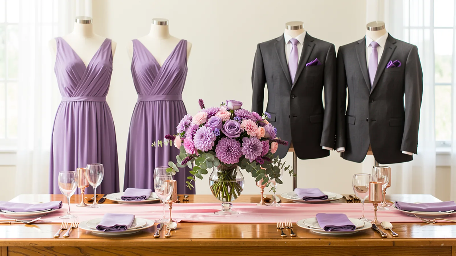 Lavender & Rose Gold wedding color palette shown on bridesmaid dresses, groomsmen suits, florals, and a styled table