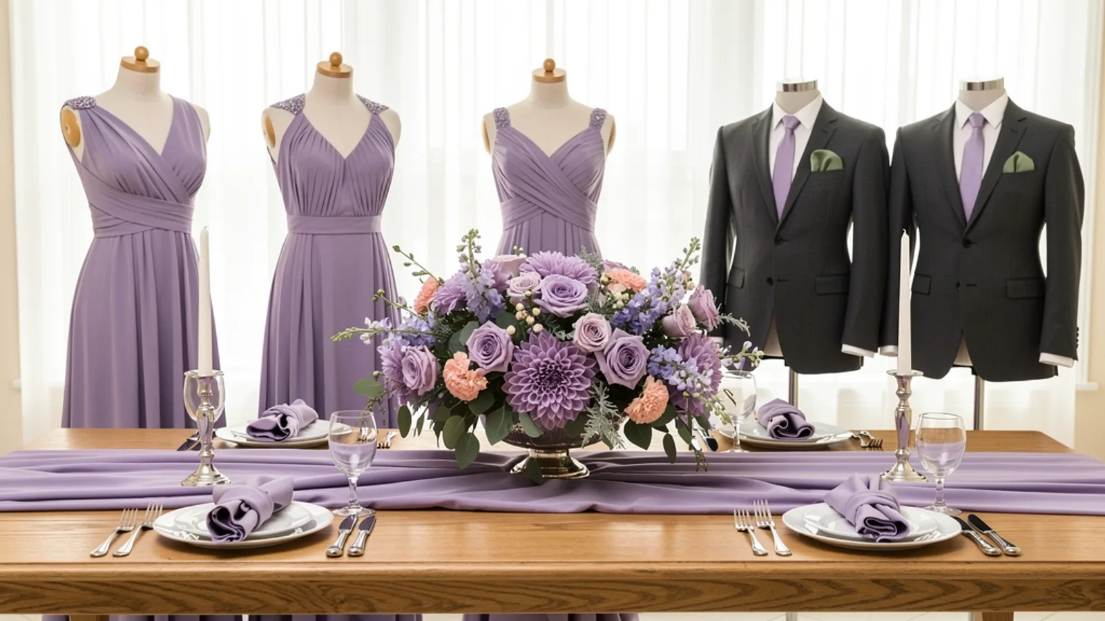 Lavender Fields wedding color palette shown on bridesmaid dresses, groomsmen suits, florals, and a styled table