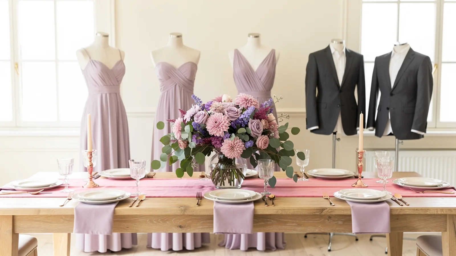 Pale Plum & Bubblegum wedding color palette shown on bridesmaid dresses, groomsmen suits, florals, and a styled table